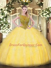Sumptuous Tulle Scoop Sleeveless Zipper Beading and Ruffles 15th Birthday Dress in Gold