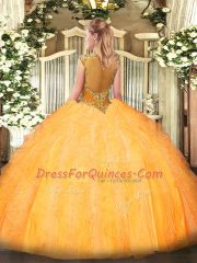 Sumptuous Tulle Scoop Sleeveless Zipper Beading and Ruffles 15th Birthday Dress in Gold