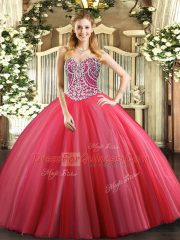 Tulle Sweetheart Sleeveless Lace Up Beading Quinceanera Gown in Coral Red