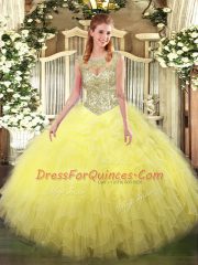 Extravagant Sleeveless Tulle Floor Length Lace Up Ball Gown Prom Dress in Yellow with Beading and Ruffles