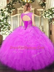 Extravagant Sleeveless Tulle Floor Length Lace Up Ball Gown Prom Dress in Yellow with Beading and Ruffles