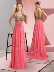Hot Selling Spaghetti Straps Sleeveless Chiffon Beading Sweep Train Zipper