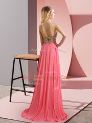Hot Selling Spaghetti Straps Sleeveless Chiffon Beading Sweep Train Zipper