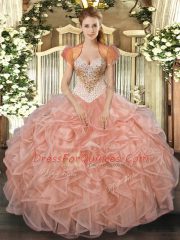 Peach Lace Up Quinceanera Gown Beading and Ruffles Sleeveless Floor Length