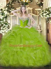 Perfect Ball Gowns Sweet 16 Dress Olive Green Sweetheart Organza Sleeveless Floor Length Lace Up