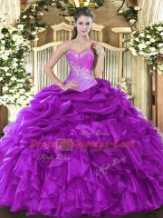 Hot Selling Eggplant Purple Organza Lace Up Quinceanera Gown Sleeveless Floor Length Beading and Ruffles and Pick Ups