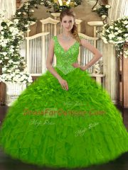 Green V-neck Zipper Beading and Ruffles Quince Ball Gowns Sleeveless