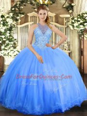 Decent Beading 15 Quinceanera Dress Blue Lace Up Sleeveless Floor Length