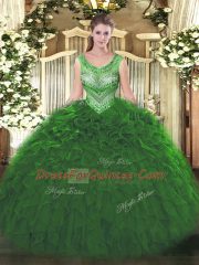 Beautiful Green Organza Lace Up Scoop Sleeveless Floor Length Quinceanera Gown Beading and Ruffles