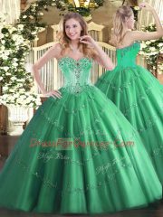 Turquoise Ball Gowns Tulle Sweetheart Sleeveless Beading and Appliques Floor Length Lace Up Quince Ball Gowns