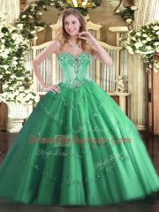 Turquoise Ball Gowns Tulle Sweetheart Sleeveless Beading and Appliques Floor Length Lace Up Quince Ball Gowns