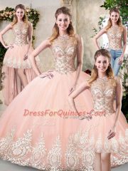 Beautiful Peach Sleeveless Tulle Backless Quinceanera Gowns for Prom and Military Ball and Sweet 16 and Quinceanera