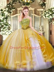 Decent Strapless Sleeveless Quinceanera Dresses Floor Length Beading and Ruffles Gold Tulle