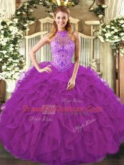 Purple Sweet 16 Dresses Sweet 16 and Quinceanera with Beading and Ruffles Halter Top Sleeveless Lace Up