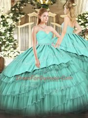 Turquoise Sweetheart Neckline Beading and Lace and Embroidery and Ruffled Layers Vestidos de Quinceanera Sleeveless Zipper