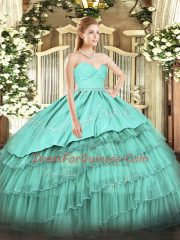 Turquoise Sweetheart Neckline Beading and Lace and Embroidery and Ruffled Layers Vestidos de Quinceanera Sleeveless Zipper