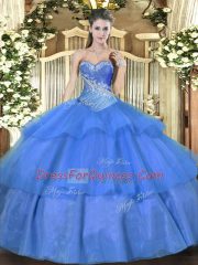Artistic Floor Length Lace Up Quince Ball Gowns Blue for Military Ball and Sweet 16 and Quinceanera with Beading and Ruffled Layers