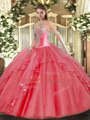 Beading and Ruffles Quince Ball Gowns Coral Red Lace Up Sleeveless Floor Length