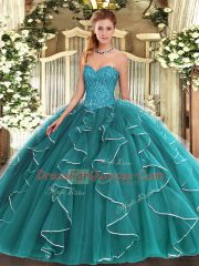 Eye-catching Teal Sleeveless Floor Length Beading and Ruffles Lace Up Ball Gown Prom Dress