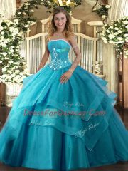 Low Price Sleeveless Floor Length Beading and Ruffled Layers Lace Up Vestidos de Quinceanera with Teal