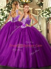 High End Tulle Straps Sleeveless Lace Up Beading Ball Gown Prom Dress in Purple
