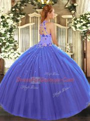 Chic Floor Length Lace Up Quinceanera Gowns Blue for Military Ball and Sweet 16 and Quinceanera with Embroidery