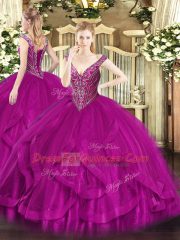 Fashion Floor Length Fuchsia Quinceanera Gowns Tulle Sleeveless Beading and Ruffles