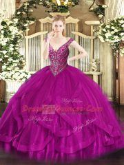 Fashion Floor Length Fuchsia Quinceanera Gowns Tulle Sleeveless Beading and Ruffles