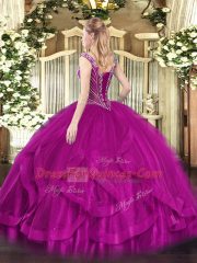 Fashion Floor Length Fuchsia Quinceanera Gowns Tulle Sleeveless Beading and Ruffles