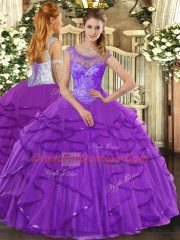 Purple Quinceanera Gowns Sweet 16 and Quinceanera with Beading and Ruffles Scoop Sleeveless Lace Up