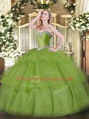 Olive Green Tulle Lace Up Sweet 16 Dress Sleeveless Floor Length Beading and Ruffled Layers