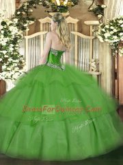 Olive Green Tulle Lace Up Sweet 16 Dress Sleeveless Floor Length Beading and Ruffled Layers