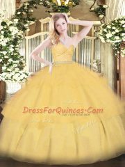 Dazzling Gold Sweetheart Zipper Beading and Lace and Ruffled Layers Quince Ball Gowns Sleeveless