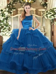 Glamorous Sleeveless Tulle Floor Length Lace Up Quinceanera Dress in Blue with Ruffles