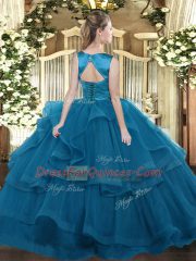 Glamorous Sleeveless Tulle Floor Length Lace Up Quinceanera Dress in Blue with Ruffles