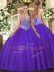 Fabulous Purple Tulle Lace Up 15 Quinceanera Dress Sleeveless Floor Length Beading