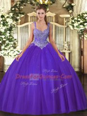 Fabulous Purple Tulle Lace Up 15 Quinceanera Dress Sleeveless Floor Length Beading