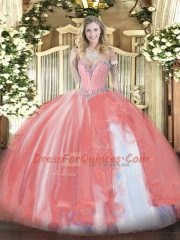 Tulle Sweetheart Sleeveless Lace Up Beading and Ruffles 15 Quinceanera Dress in Coral Red