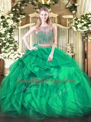 Turquoise Scoop Neckline Beading and Ruffles Vestidos de Quinceanera Sleeveless Lace Up