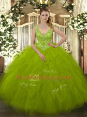 Custom Fit Sleeveless Tulle Floor Length Zipper 15th Birthday Dress in Olive Green with Beading and Ruffles