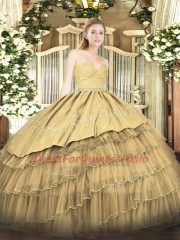 Gold Sweetheart Zipper Beading and Lace and Embroidery and Ruffled Layers Sweet 16 Dresses Sleeveless