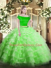 Short Sleeves Floor Length Appliques and Ruffled Layers Zipper Quince Ball Gowns with