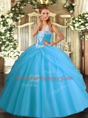 Cute Aqua Blue Sleeveless Beading and Pick Ups Floor Length Quinceanera Gown