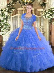 Baby Blue Sleeveless Tulle Clasp Handle Quinceanera Dress for Military Ball and Sweet 16 and Quinceanera