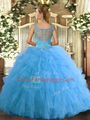 Baby Blue Sleeveless Tulle Clasp Handle Quinceanera Dress for Military Ball and Sweet 16 and Quinceanera