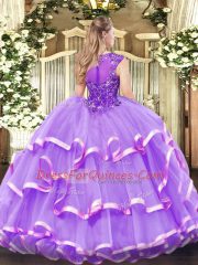 Inexpensive Scoop Sleeveless Quinceanera Dress Floor Length Beading and Ruffled Layers Lilac Organza