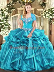Floor Length Aqua Blue Sweet 16 Dress Sweetheart Sleeveless Lace Up