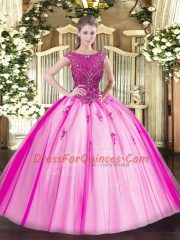 Floor Length Fuchsia Vestidos de Quinceanera Tulle Cap Sleeves Beading and Appliques