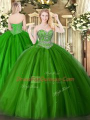 Green Quince Ball Gowns Military Ball and Sweet 16 and Quinceanera with Beading Sweetheart Sleeveless Lace Up