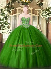 Green Quince Ball Gowns Military Ball and Sweet 16 and Quinceanera with Beading Sweetheart Sleeveless Lace Up